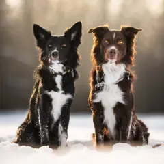 Dwa psy, czarny owczarek australijski i brązowy border collie, siedzą w śniegu, oświetlone słońcem.