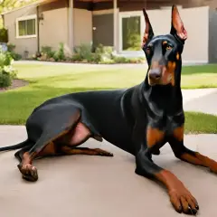 Czarny doberman, doskonały pies obronny, leży na podjeździe przed domem.