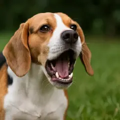 Szczekający beagle, choć nie należy do ras brachycefalicznych, pokazuje swoje zęby w radosnym okrzyku na trawie.