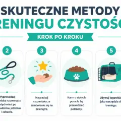 Ilustracja przedstawia 6 kroków treningu czystości psa: kalendarz, smycz, nagrodę, miskę z karmą, transporter i człowieka z psem.