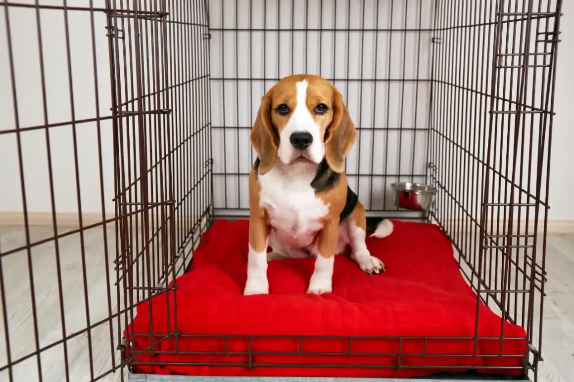 Uroczy beagle siedzi na czerwonym posłaniu w swojej klatce.