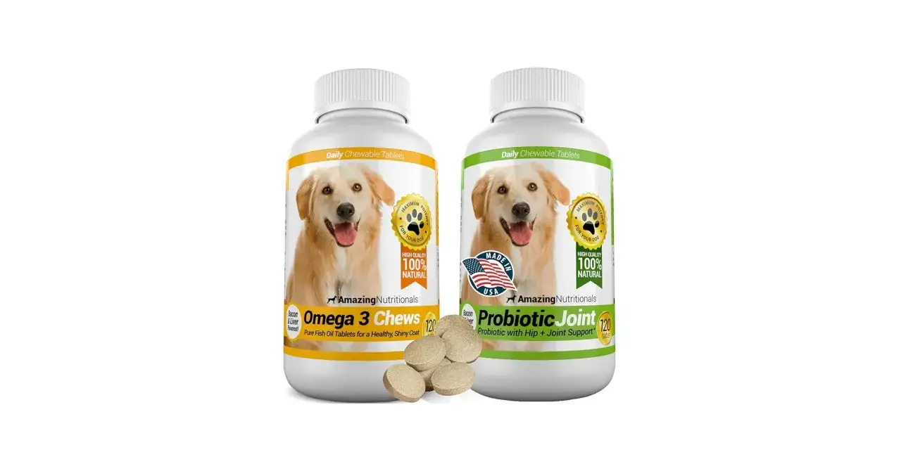 Dwa opakowania suplementów dla psa: Omega 3 Chews i Probiotic Joint. Idealne, gdy zastanawiasz się, jakie suplementy dla psa wybrać.