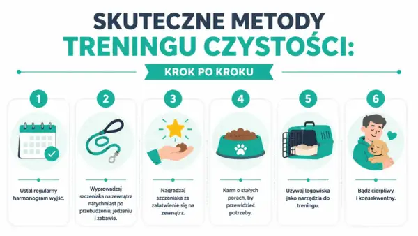 Ilustracja przedstawia 6 kroków treningu czystości psa: kalendarz, smycz, nagrodę, miskę z karmą, transporter i człowieka z psem.